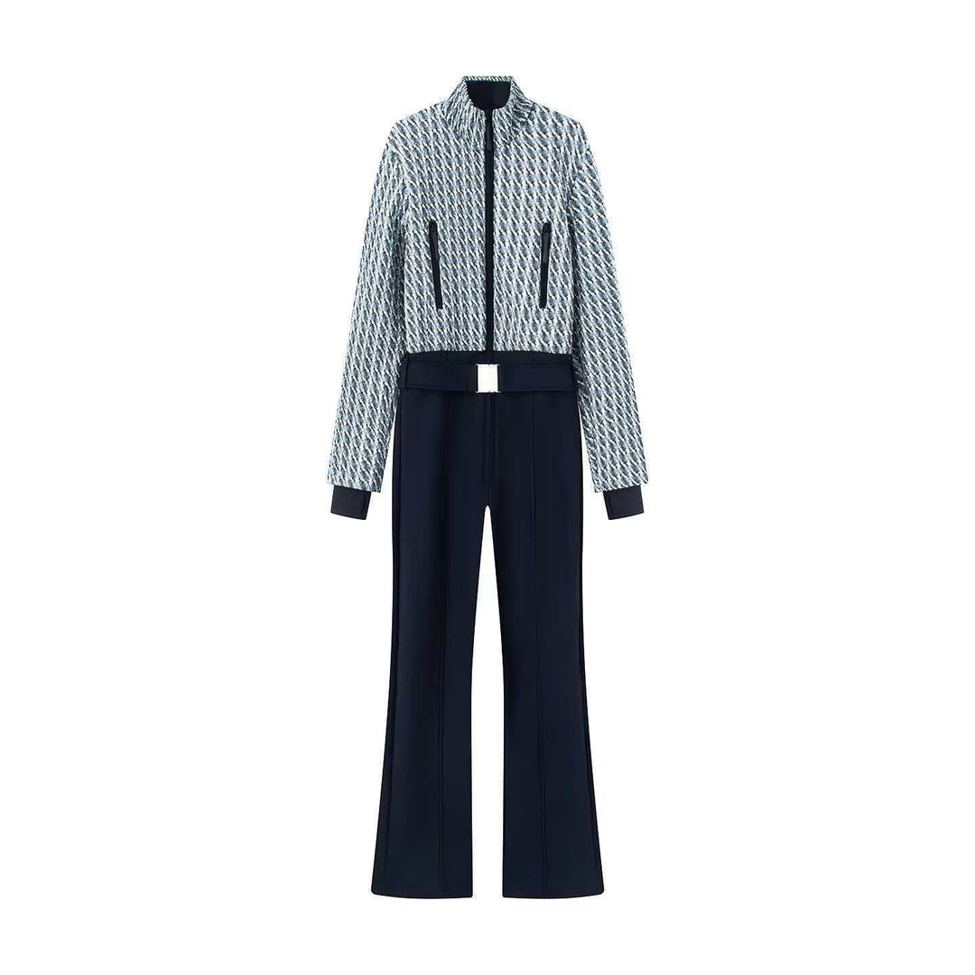 Women's short-cut boucle jacket set with stand-up collar, concealed zipper and high-waist flared pants Mune Fashion