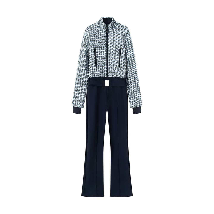 Women's short-cut boucle jacket set with stand-up collar, concealed zipper and high-waist flared pants Mune Fashion