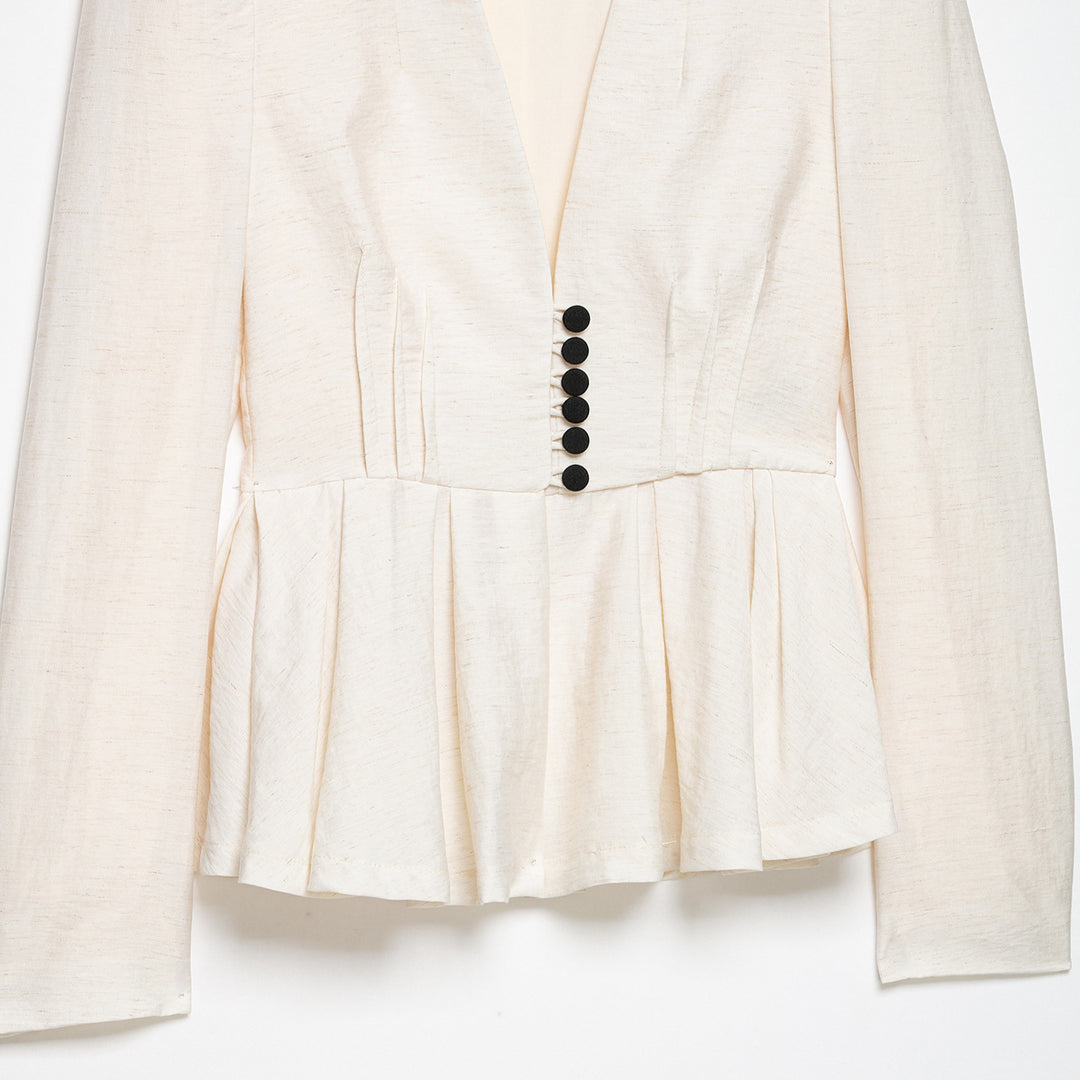 Women Tailored Blazer Jacket with Deep V-Neck, Pleated Peplum and Decorative Button Placket Mune Fashion