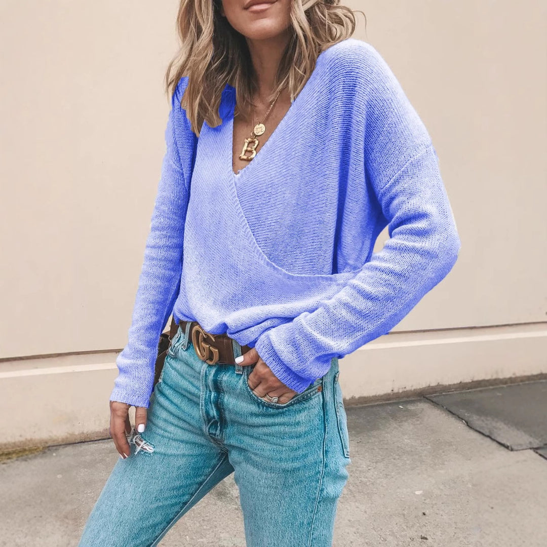 Women's Light Oversized Knit Sweater with Wrap Look and V-Neck Mune Fashion