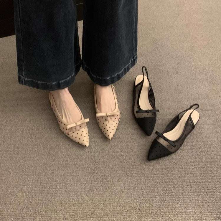 Ladies pointed toe slingback ballerinas with polka dot mesh and decorative bow Mune Fashion