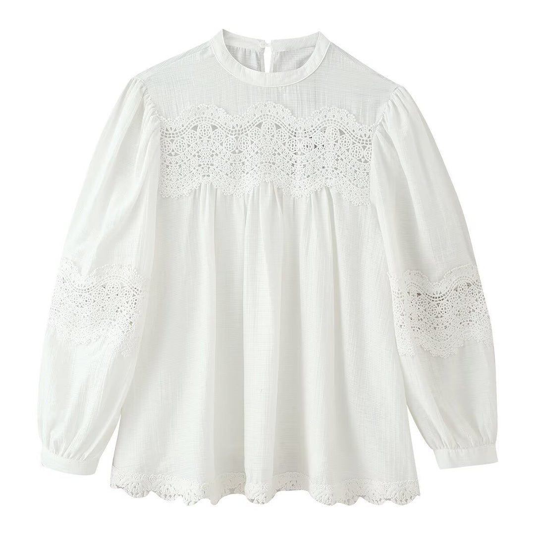 Ladies Romantic Lace Blouse with Stand Collar, Yoke and Balloon Sleeves Mune Fashion