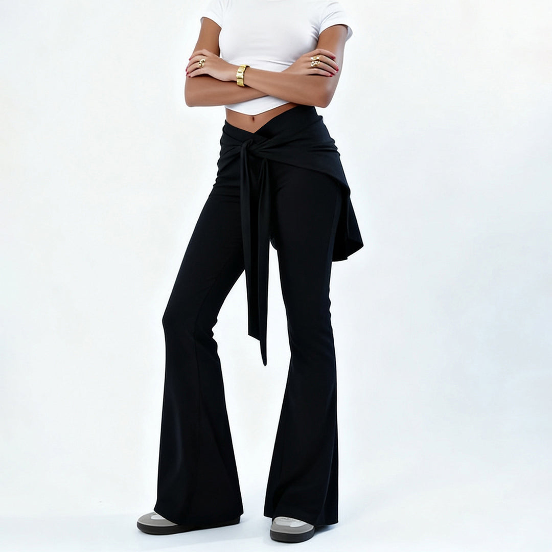 Women's flared palazzo pants with wrap skirt overlay, high waist and tie belt Mune Fashion