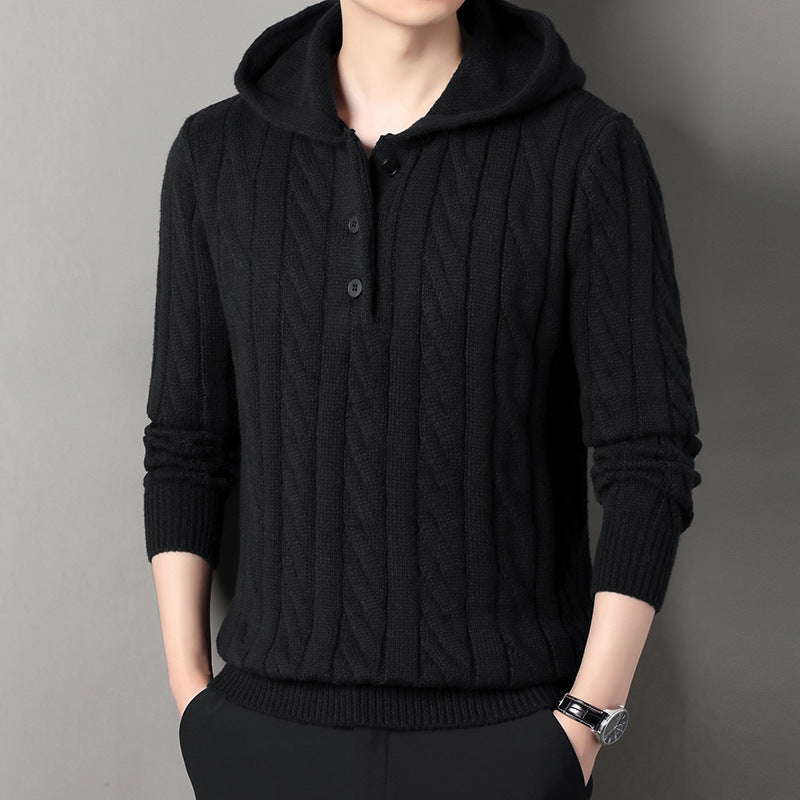 Men's fine knit hoodie with cable pattern, half placket and drawstring Mune Fashion