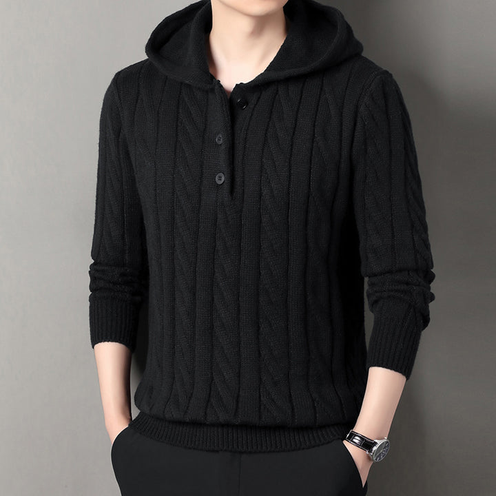 Men's fine knit hoodie with cable pattern, half placket and drawstring Mune Fashion