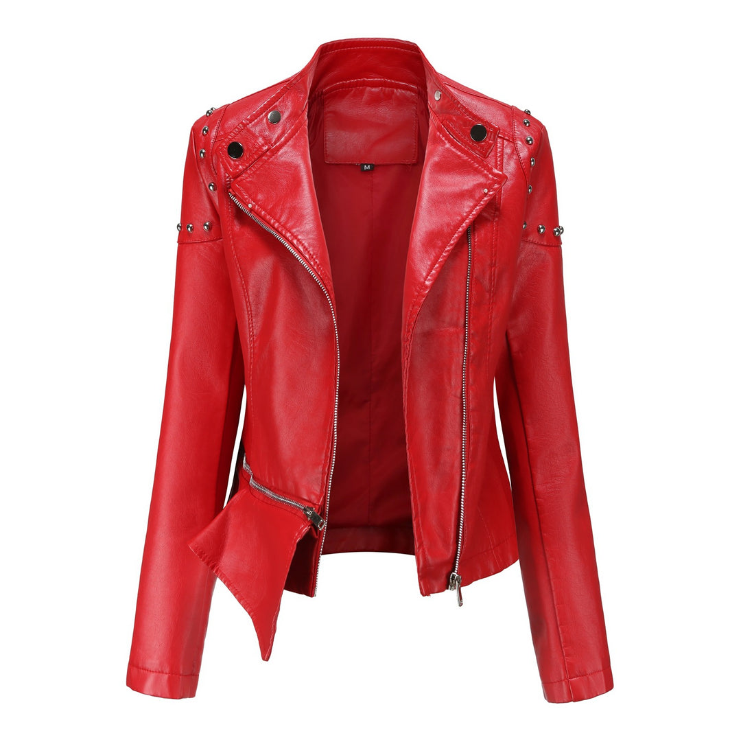 Women's nan asymmetric faux leather biker jacket with stud application and tailored peplum Mune Fashion