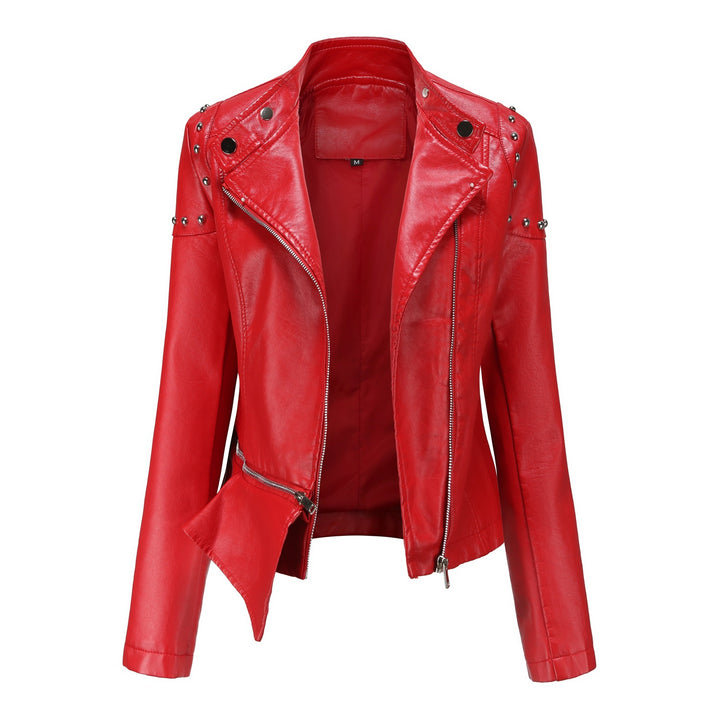 Women's nan asymmetric faux leather biker jacket with stud application and tailored peplum Mune Fashion