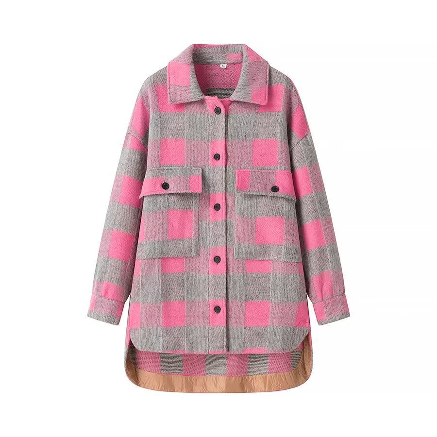 Women's Oversize Check Teddy Jacket with Extended Back and Patch Chest Pockets Mune Fashion