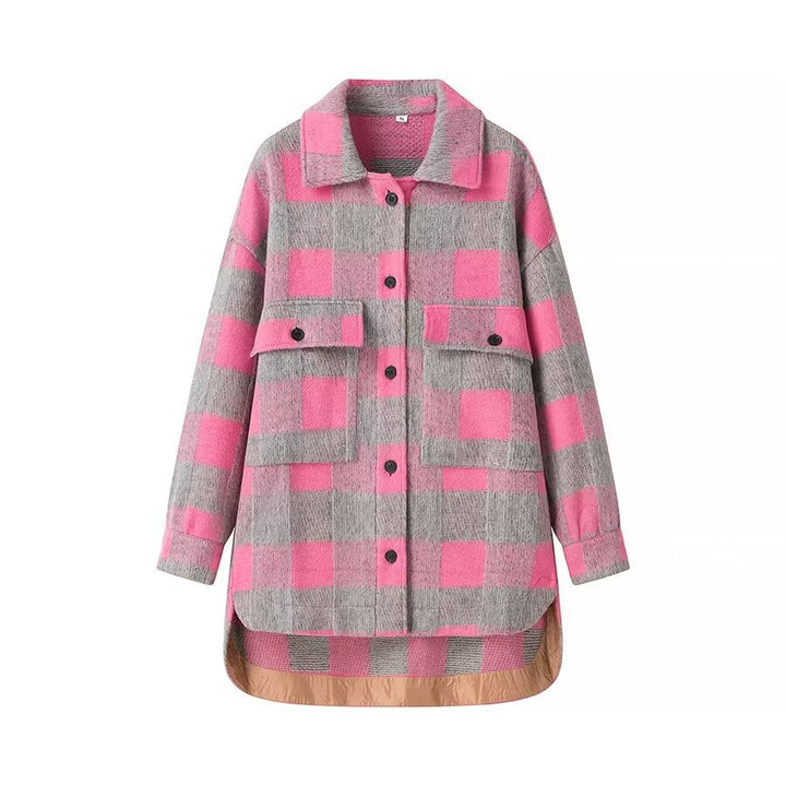 Women's Oversize Check Teddy Jacket with Extended Back and Patch Chest Pockets Mune Fashion
