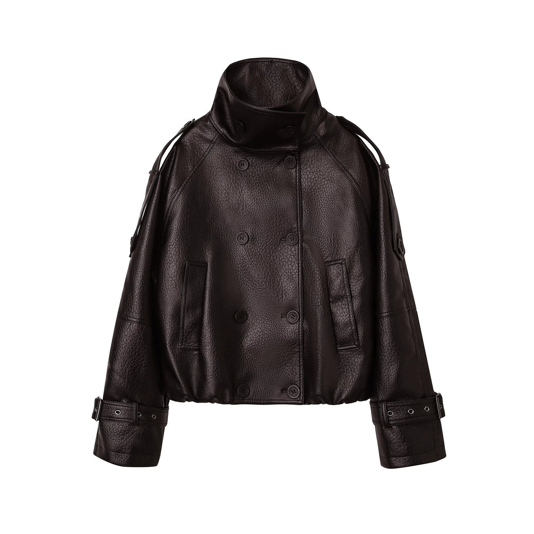 Men's short cut double-breasted leather jacket with high standing collar Mune Fashion