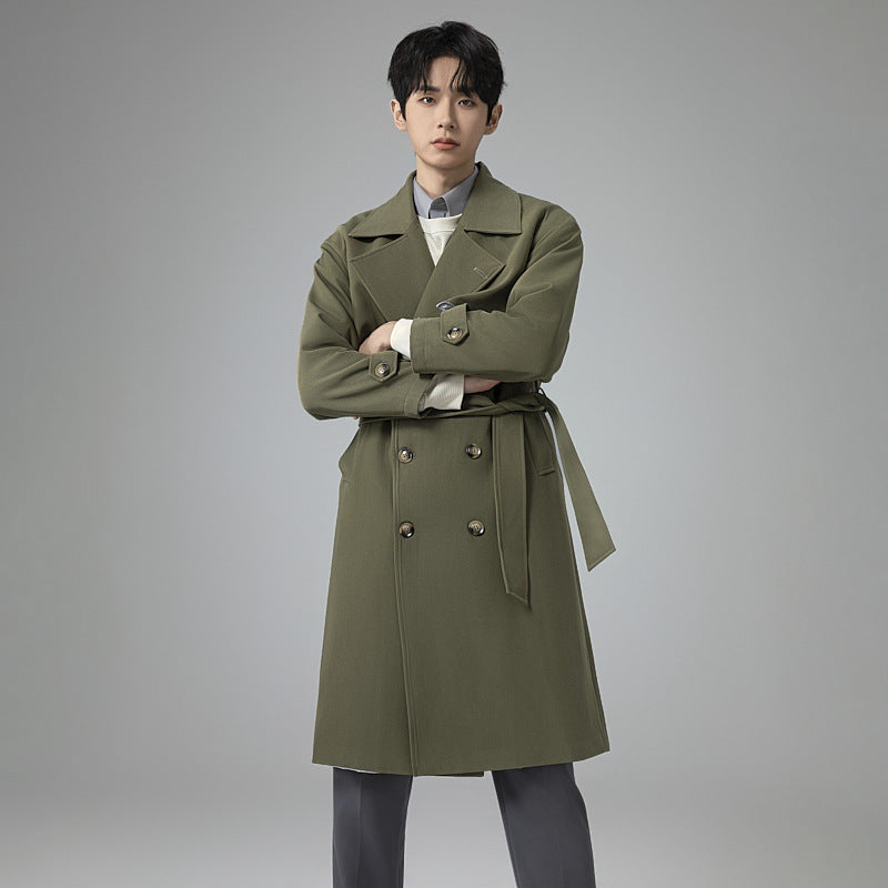 Men's Oversized Double-breasted Wool Blend Trench Coat with Shawl Collar and Contrast Flap Mune Fashion