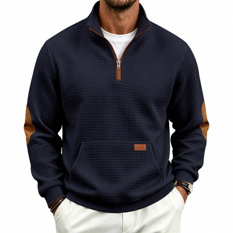 Men's Textured Half-Zip Sweatshirt with Waffle Structure, Kangaroo Pocket and Leather Elbow Patches Mune Fashion
