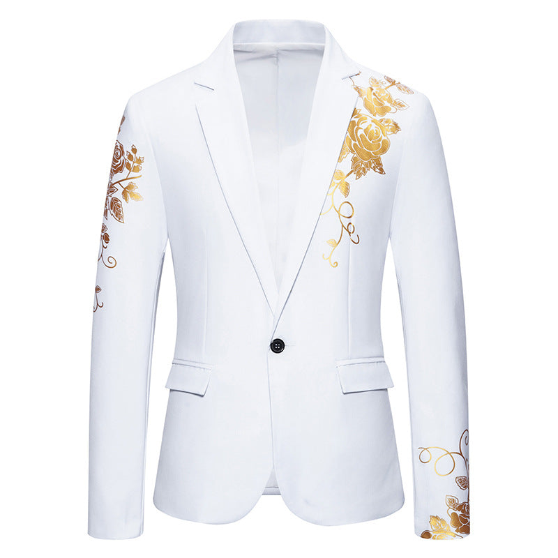 Men's single-breasted jacket with narrow lapels and golden rose print Mune Fashion
