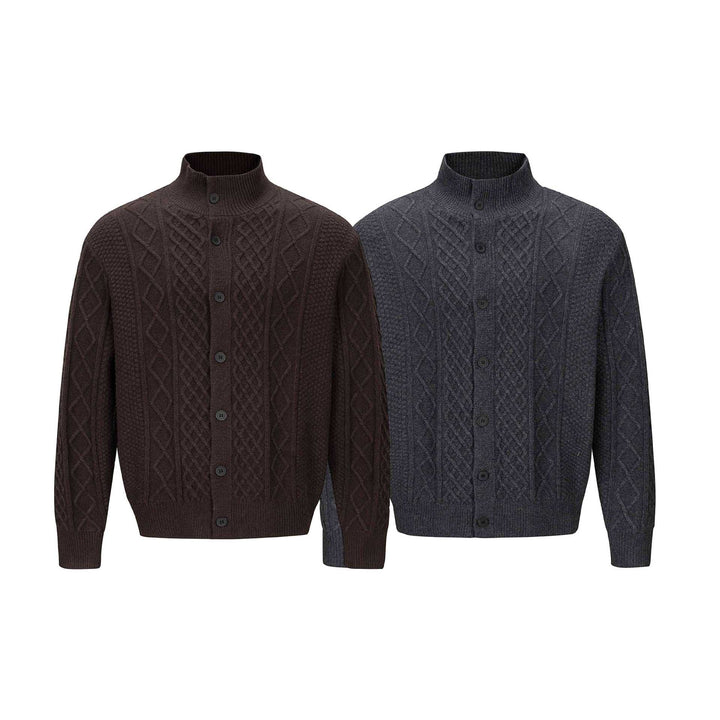 Men's knitted cardigan with cable pattern, standing collar and buttoned front Mune Fashion
