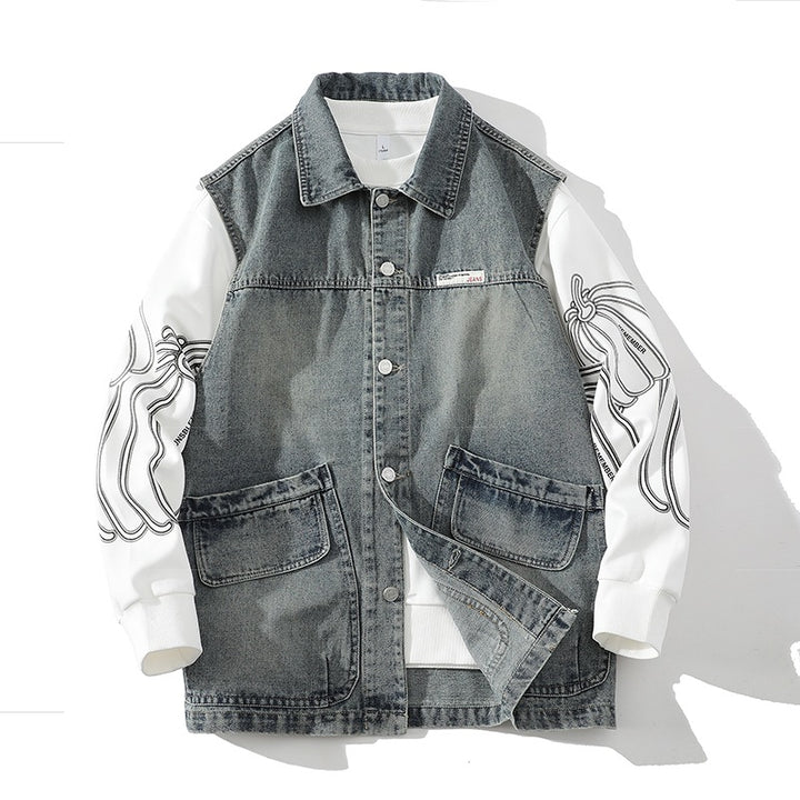 Men's Casual Denim Vest with Integrated Sweatshirt Sleeves and Large Flap Pockets Mune Fashion