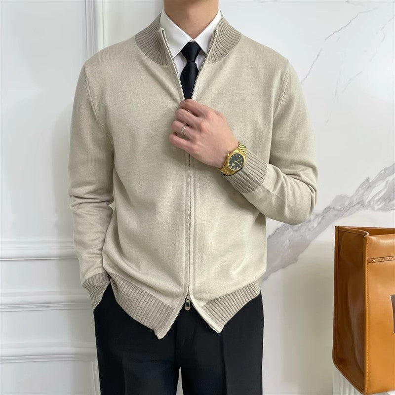 Men's zip fine knit cardigan with standing collar and ribbed hem Mune Fashion