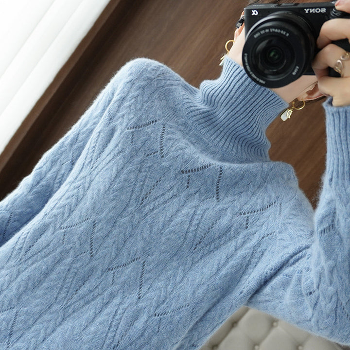 Women's Soft Mohair-Look Oversized Roll Neck Sweater with Lace Cable Structure Mune Fashion