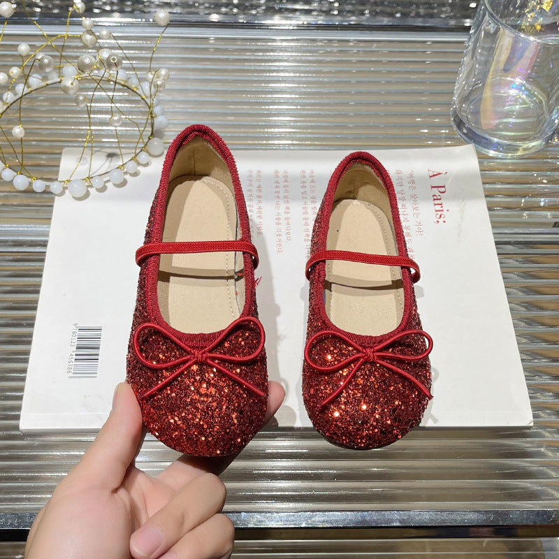 Girl Glittering Ballerinas with Decorative Bow Decoration Mune Fashion