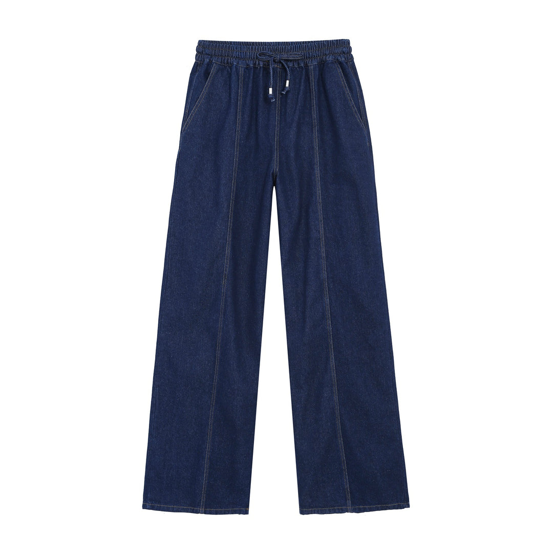 Women's Wide High-Waist Jeans Pants with Elastic Waistband, Drawstring and Visible Pressing Pleat