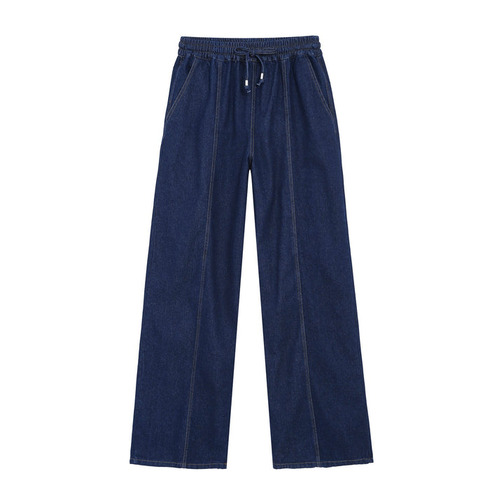 Women's Wide High-Waist Jeans Pants with Elastic Waistband, Drawstring and Visible Pressing Pleat