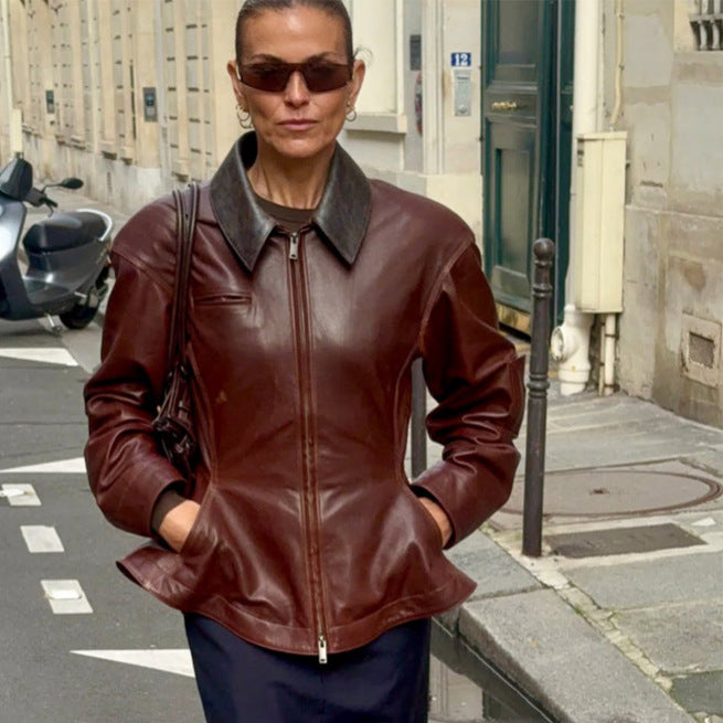 Women’s leather jacket with tailored peplum, zipper & large shirt collar Mune Fashion