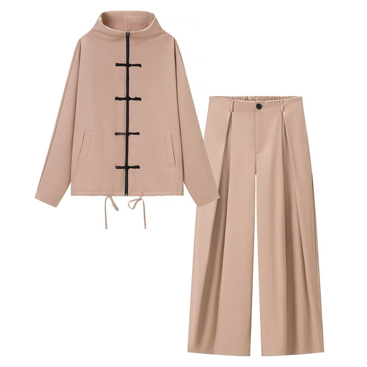 Women's lightweight boxy jacket with stand-up collar, zipper front, drawstring and decorative knot closures Mune Fashion