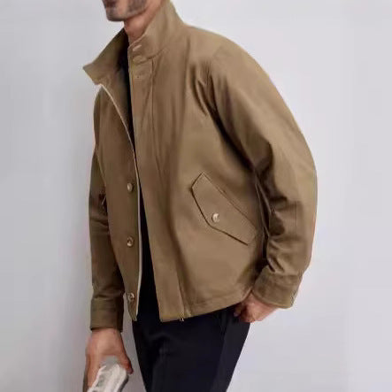 Men's Short Jacket in Military Style made of technical cotton blend fabric with stand-up collar and concealed zipper placket Mune Fashion
