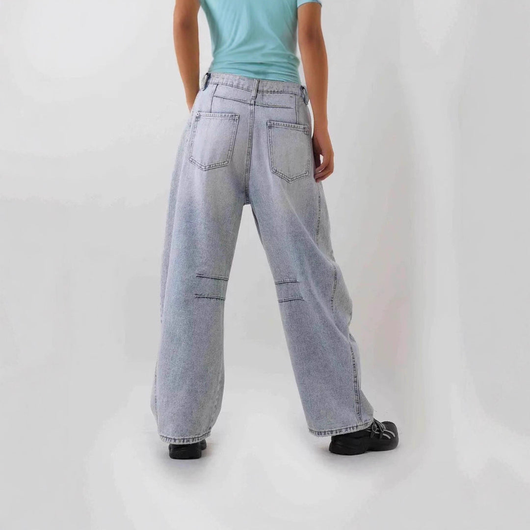 Women nan Baggy Jeans with high waistband, visible seam panels and distressed knee areas Mune Fashion