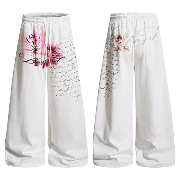 Women’s Wide Palazzo Lounge Pants in Culotte Style with Comfort Waistband, Drawstring and Floral Print Application Mune Fashion