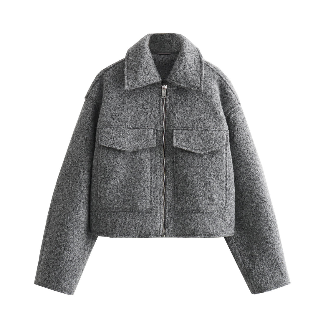Women Short Boucle Jacket in Boxy Cut with Zip and Flap Pockets Mune Fashion