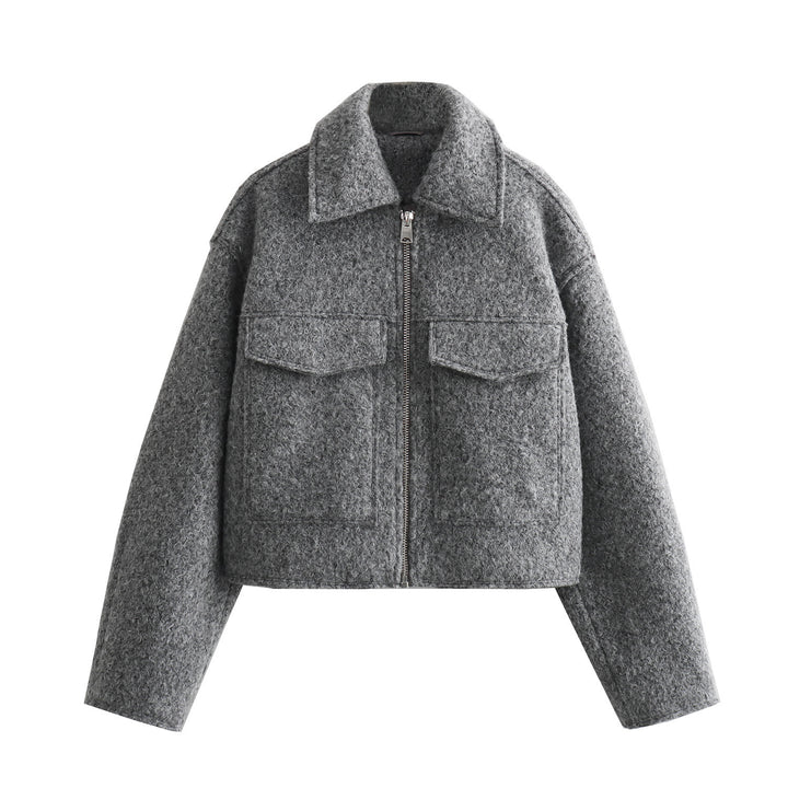 Women Short Boucle Jacket in Boxy Cut with Zip and Flap Pockets Mune Fashion