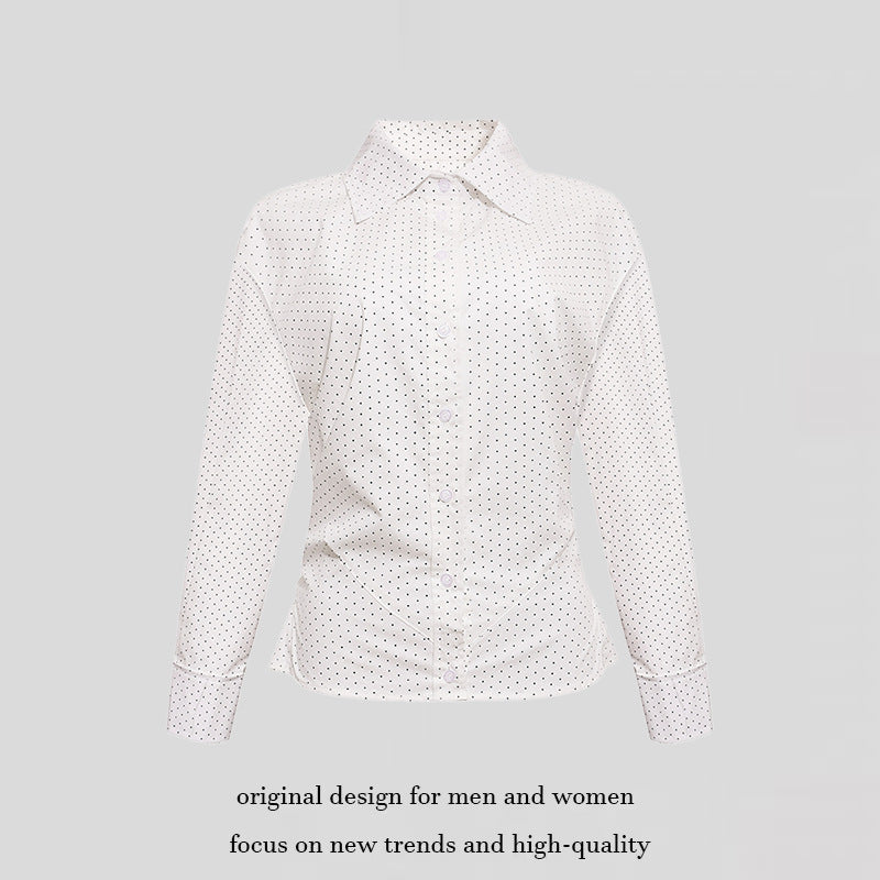 Women's Fitted Long Sleeve Blouse Shirt with Polka Dot Pattern and Shaped Darts