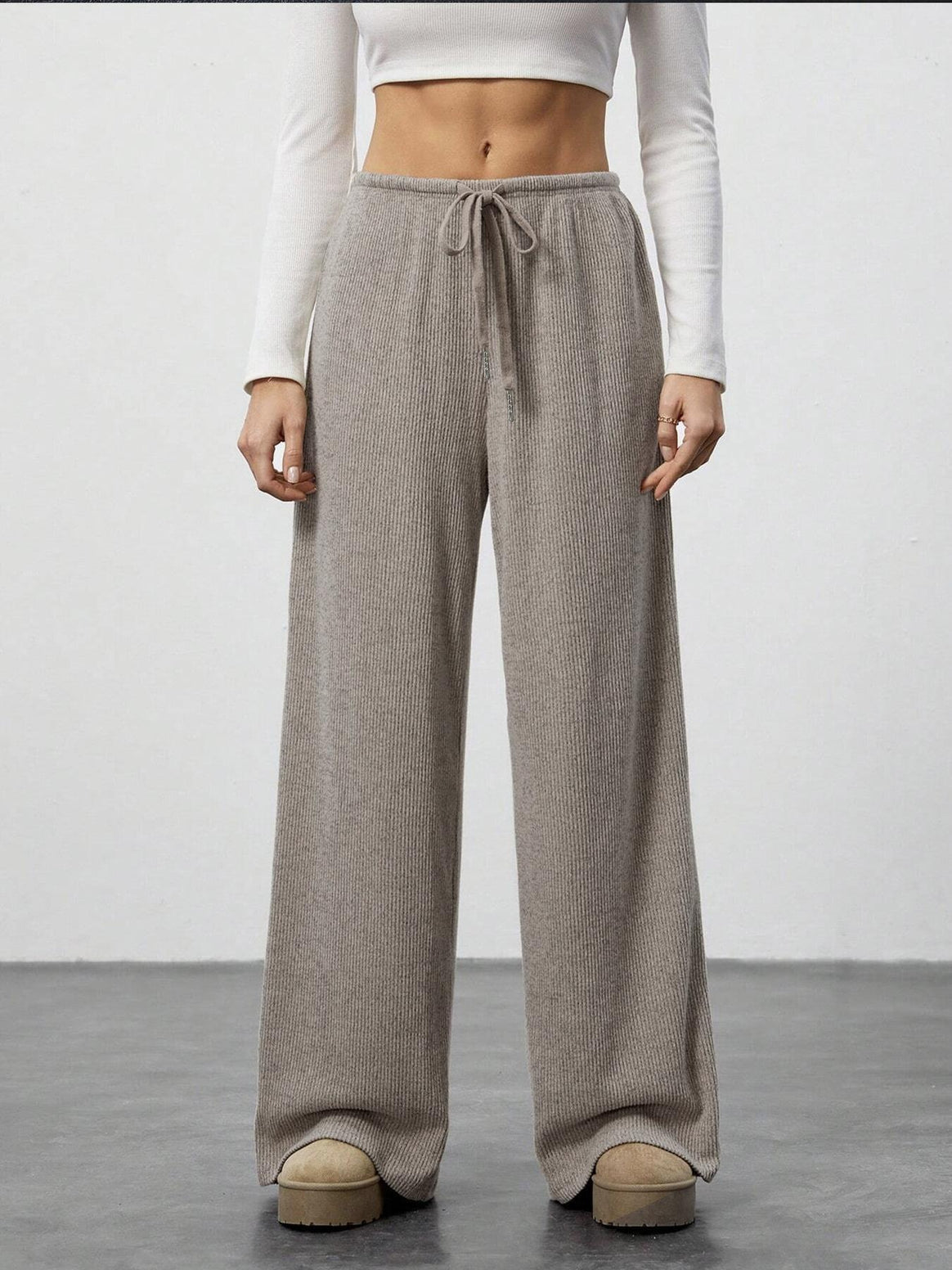 Women's Soft Ribbed Lounge Pants with Wide Leg and Drawstring Mune Fashion