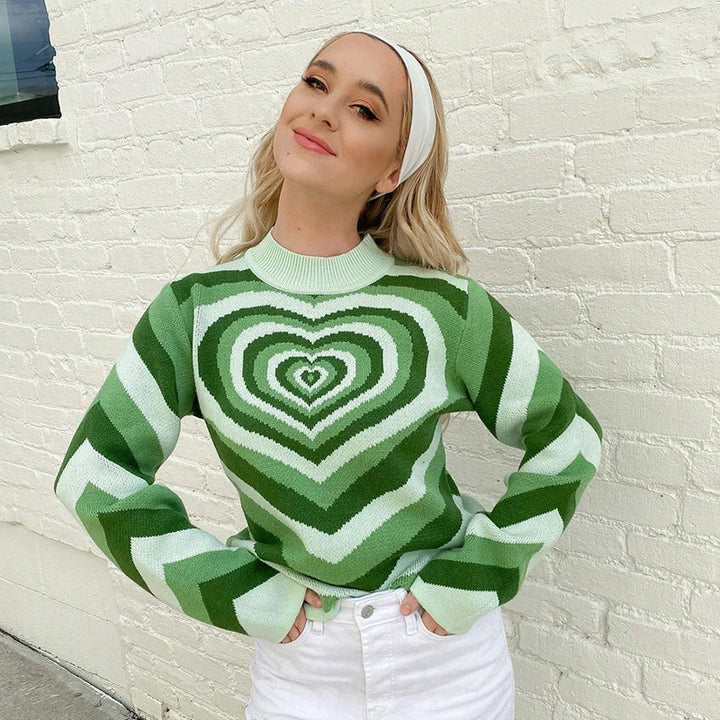 Women's oversized knitted sweater with heart intarsia and chevron pattern Mune Fashion
