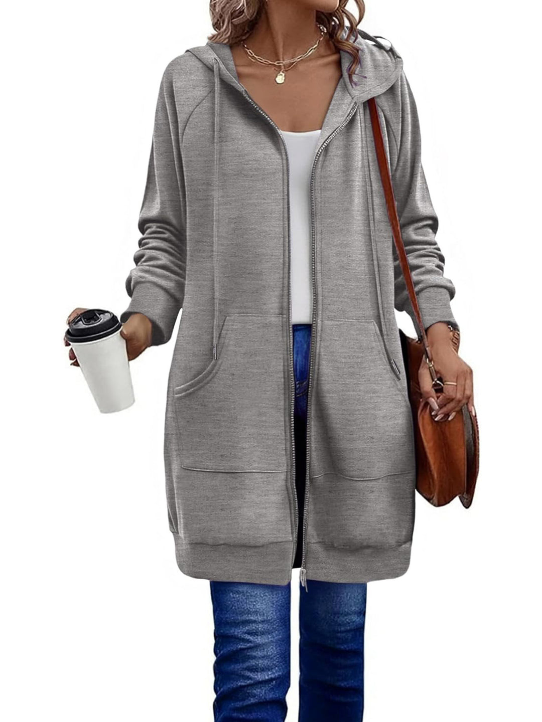 Women's Long Zip Hoodie with Oversize Silhouette, Kangaroo Pockets and Ribbed Cuffs Drune