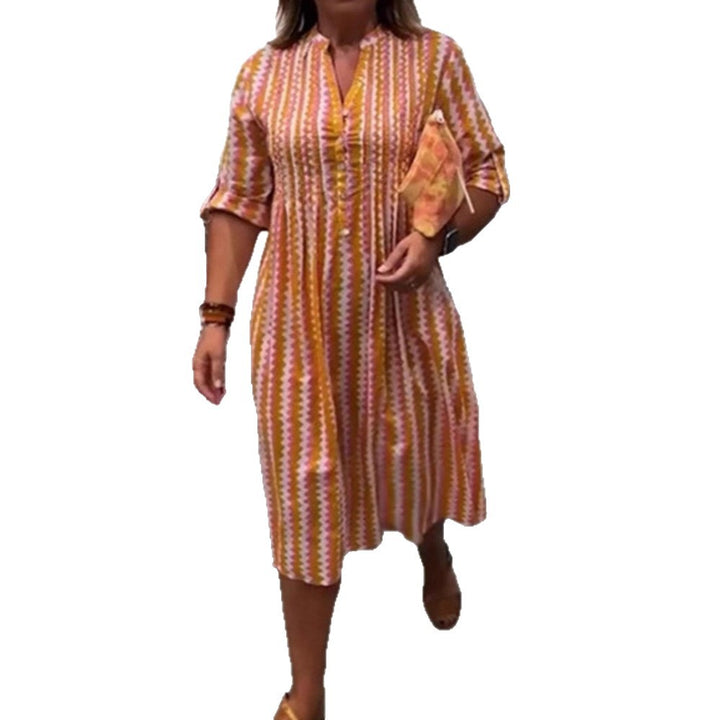 Ladies nan midi dress with underbust seam, V-neck, button placket and roll-up three-quarter sleeves Mune Fashion