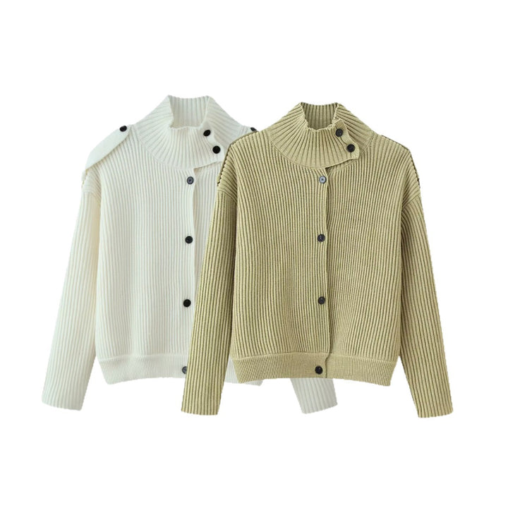 Women's Ribbed Knit Cardigan with Asymmetrical Stand-Up Collar Mune Fashion