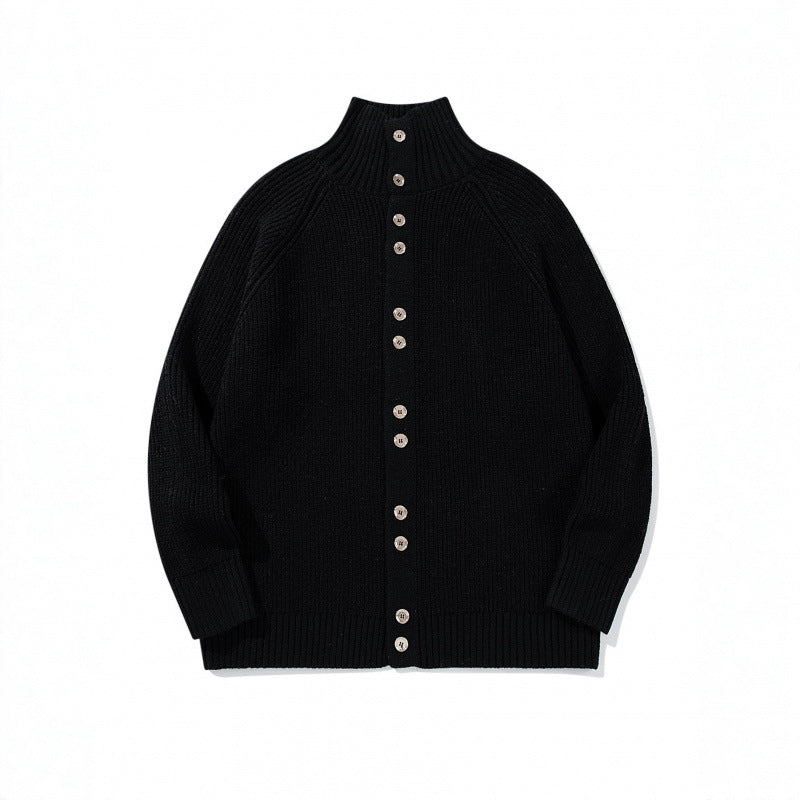 Men's chunky knit button cardigan with high roll collar and raglan sleeves Mune Fashion