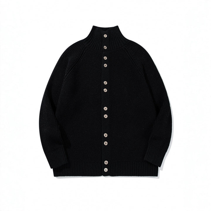 Men's chunky knit button cardigan with high roll collar and raglan sleeves Mune Fashion