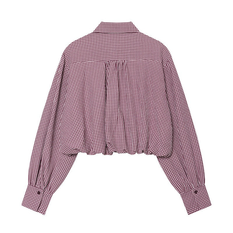 Ladies Short-Cut Checked Blouse with Balloon Sleeves, Elastic Hem and Breast Pocket Mune Fashion