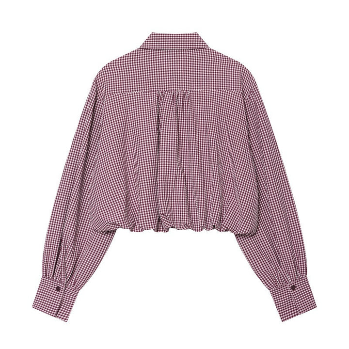 Ladies Short-Cut Checked Blouse with Balloon Sleeves, Elastic Hem and Breast Pocket Mune Fashion