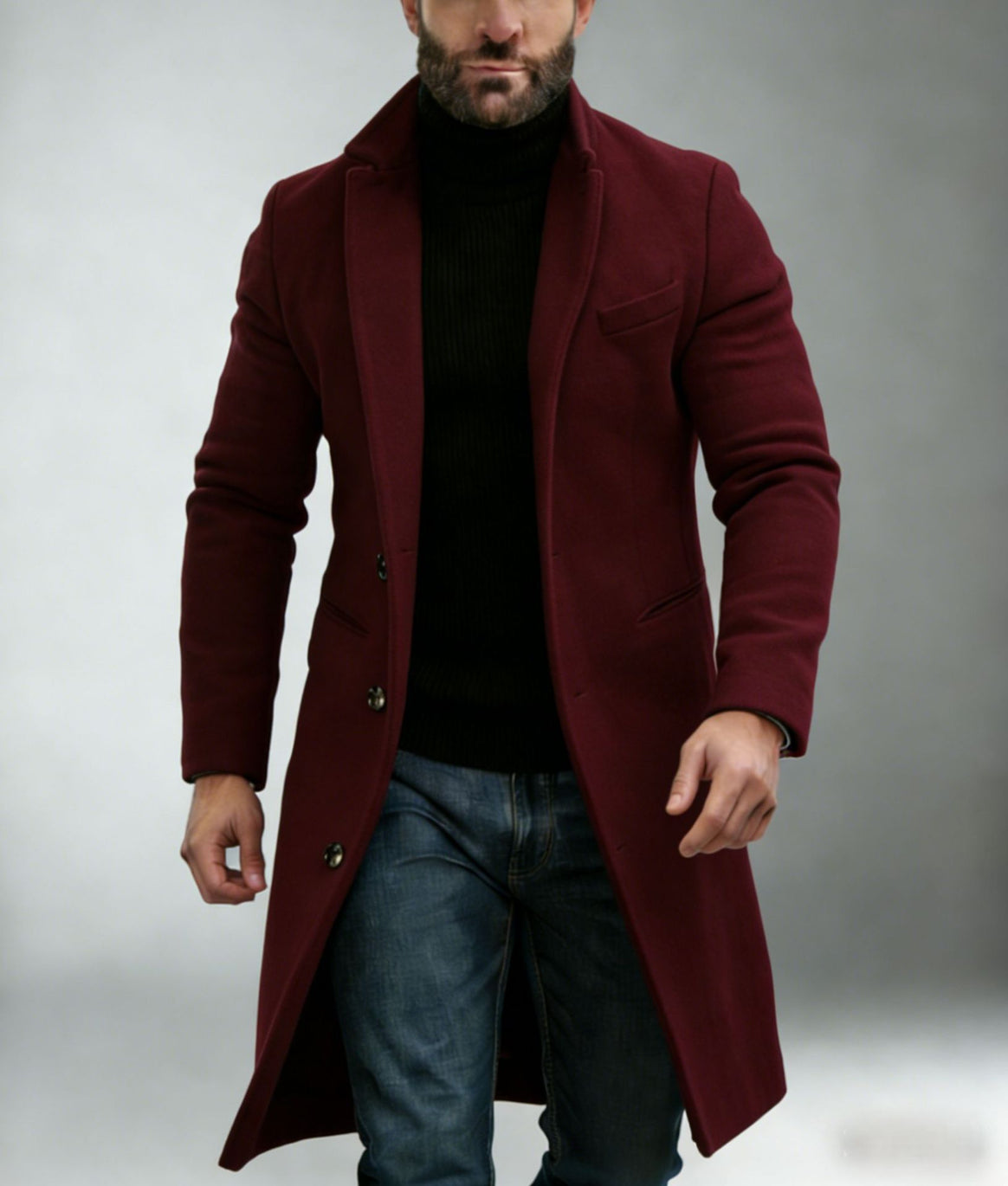 Men's Longer Tailored Wool Coat with Lapel Collar and Flap Pockets Mune Fashion