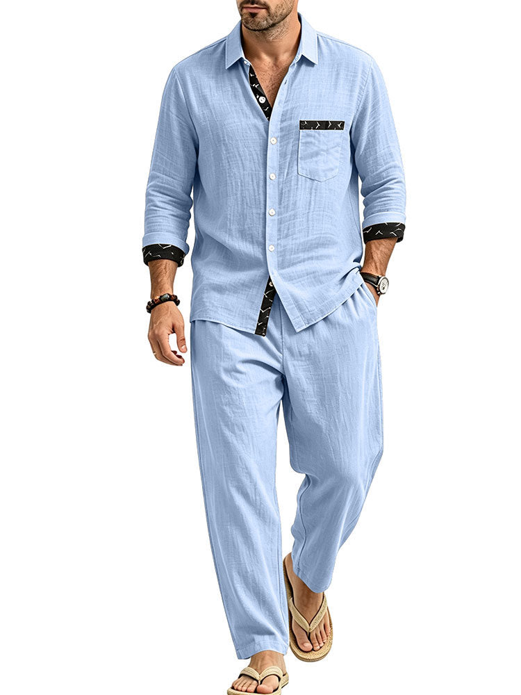 Men's Lightweight Linen Look Casual Set with Shirt and Relax Pants Mune Fashion