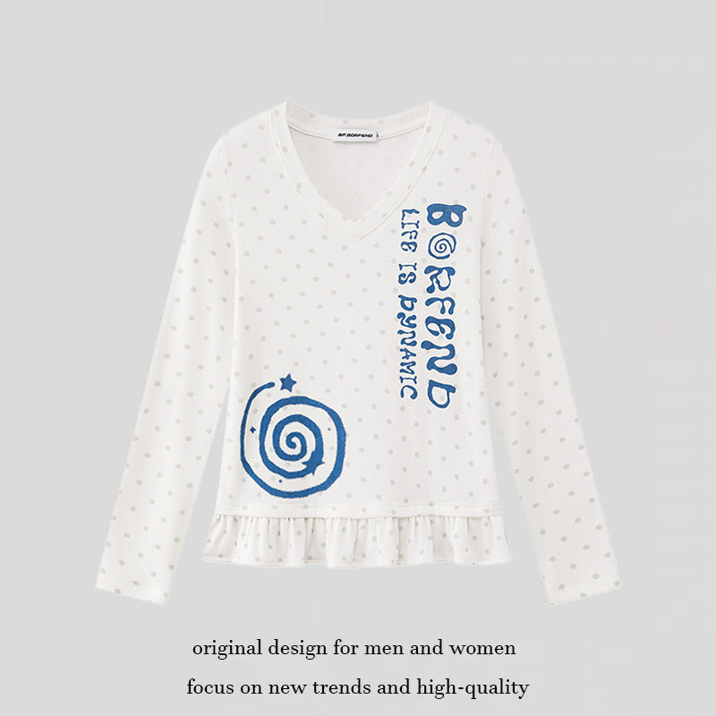 Women's long sleeve shirt with V-neck, ruffled hem and graphic spiral motif Mune Fashion