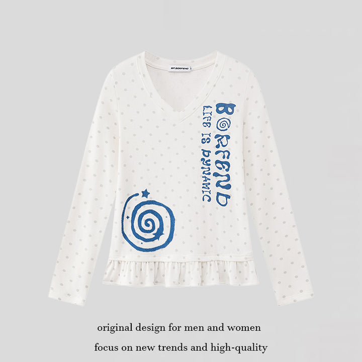 Women's long sleeve shirt with V-neck, ruffled hem and graphic spiral motif Mune Fashion