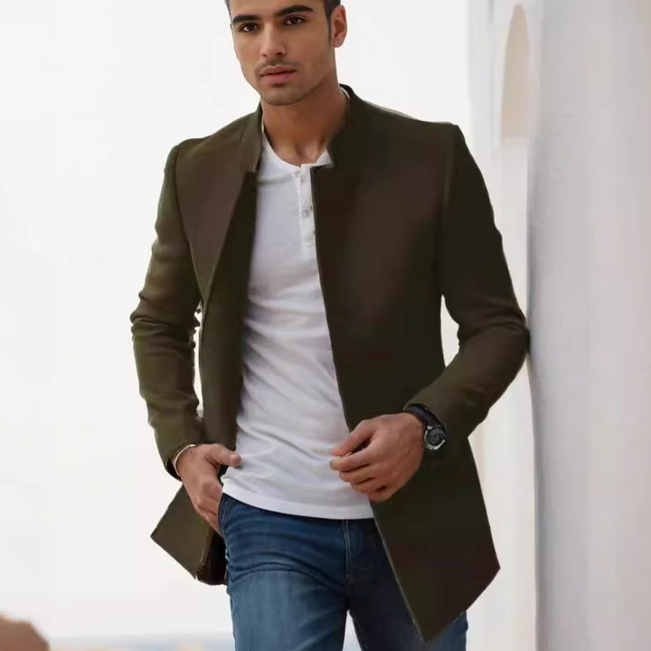 Men's Stand-Up Collar Longline Coat in Slim Fit with Hidden Button Placket Mune Fashion