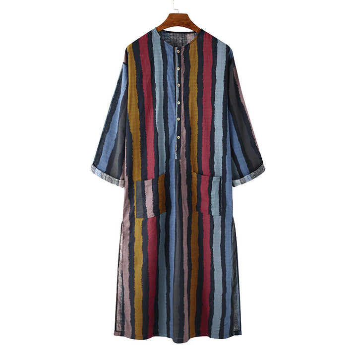 Women’s loose maxi linen dress with full button placket, round neckline, and patch pockets Mune Fashion