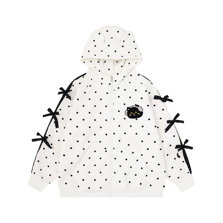Women's hooded sweatshirt jacket with polka dot all-over, cat patch, bow sleeves and ear hood Mune Fashion