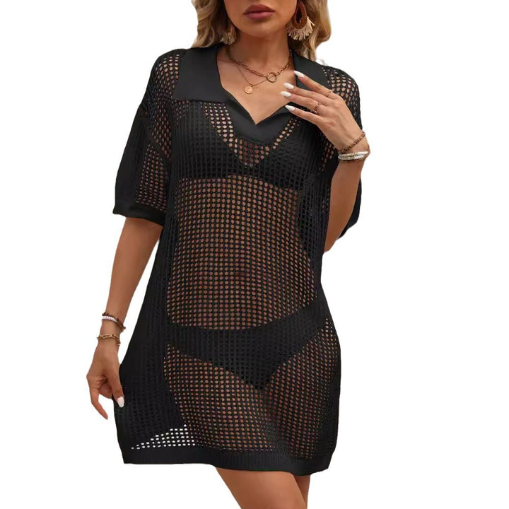 Women airy mesh beach cover-up with polo collar Mune Fashion