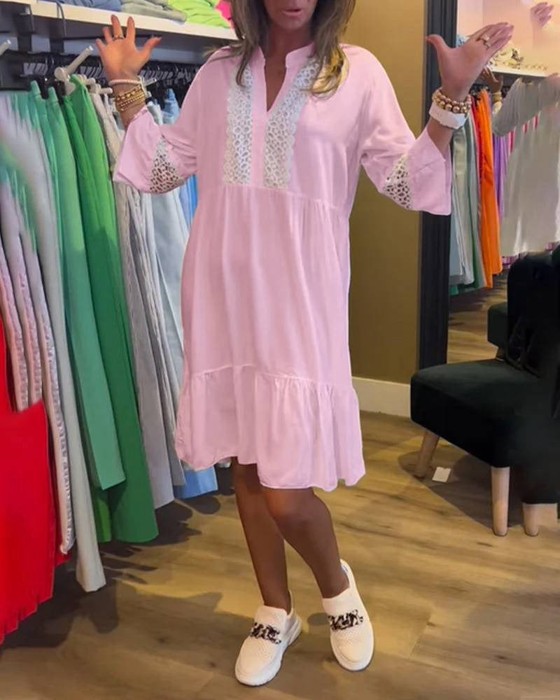 Women’s loose babydoll tunic dress with lace insert, V-neck, stand-up collar, and tiered ruffle Mune Fashion